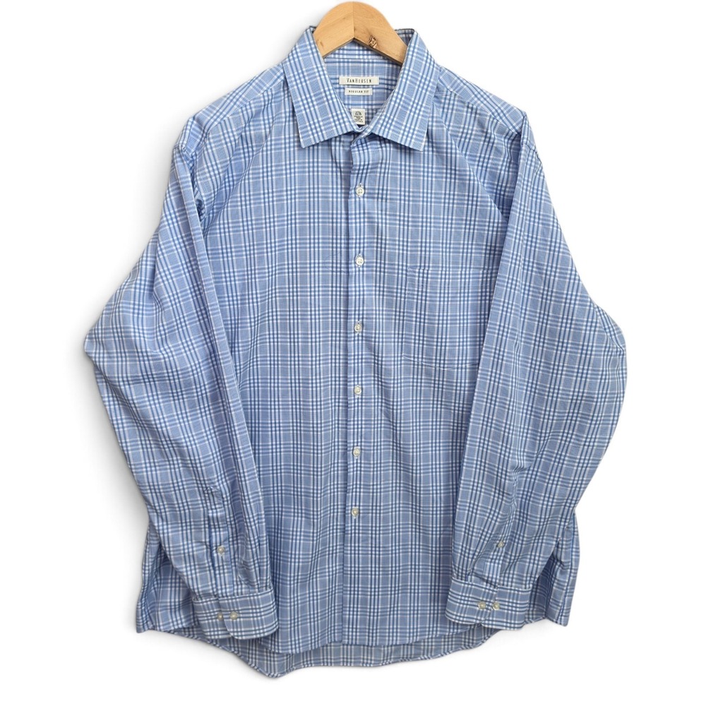 Van Heusen Dress Shirt‎ Mens 17.5 34/35 Blue Plaid Button Up Regular Fit Career